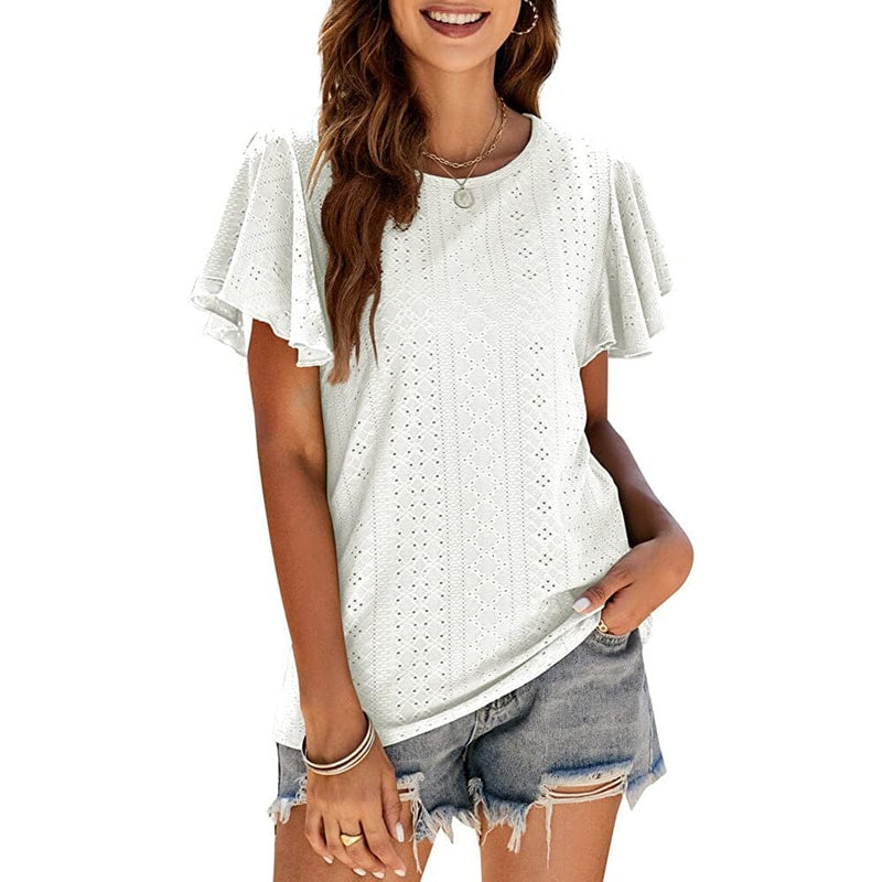 Womens Casual T-Shirts Summer Crew Neck Ruffle Sleeve Tees Tunic Tops Women's Tops White S - DailySale