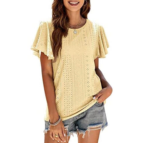 Womens Casual T-Shirts Summer Crew Neck Ruffle Sleeve Tees Tunic Tops Women's Tops Yellow S - DailySale