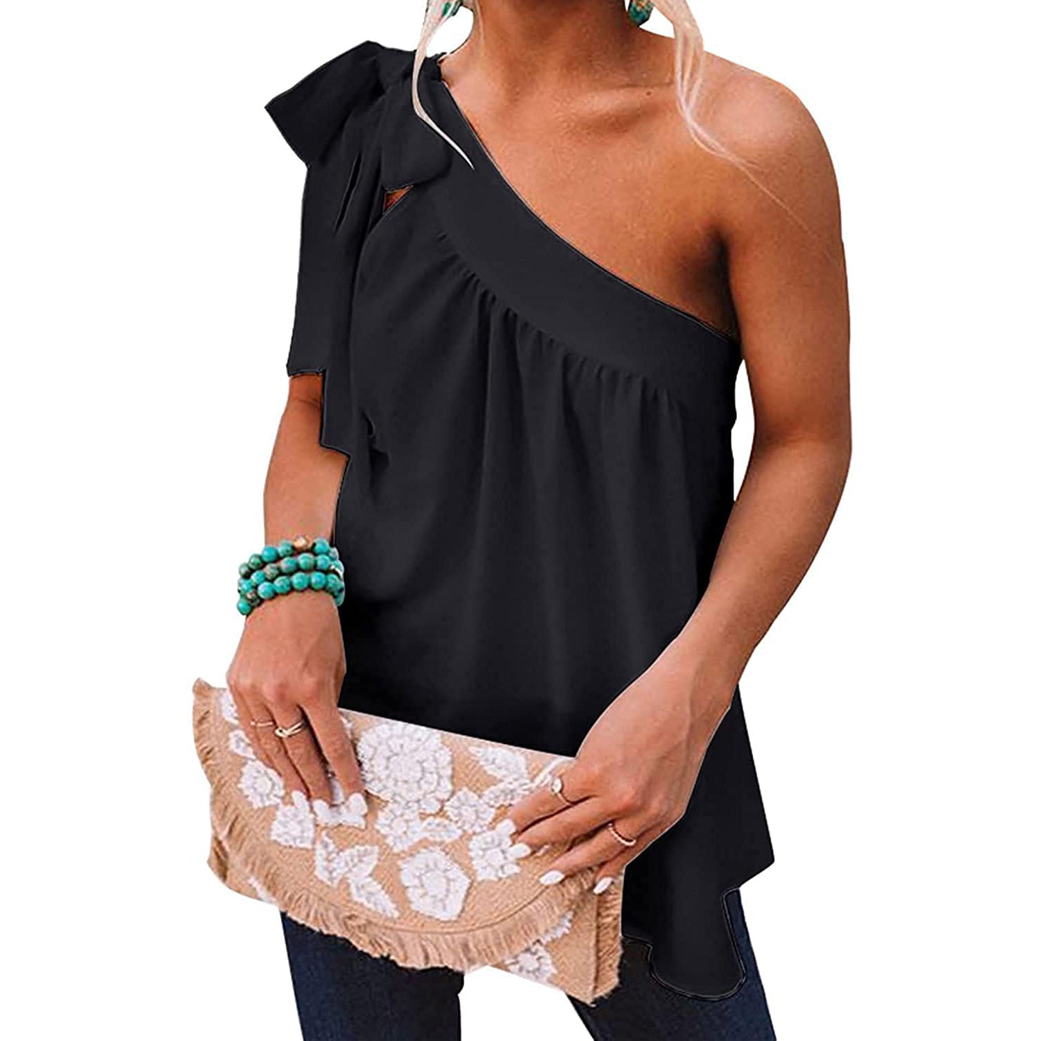 Women's Casual Tie One Shoulder Top Women's Tops Black S - DailySale