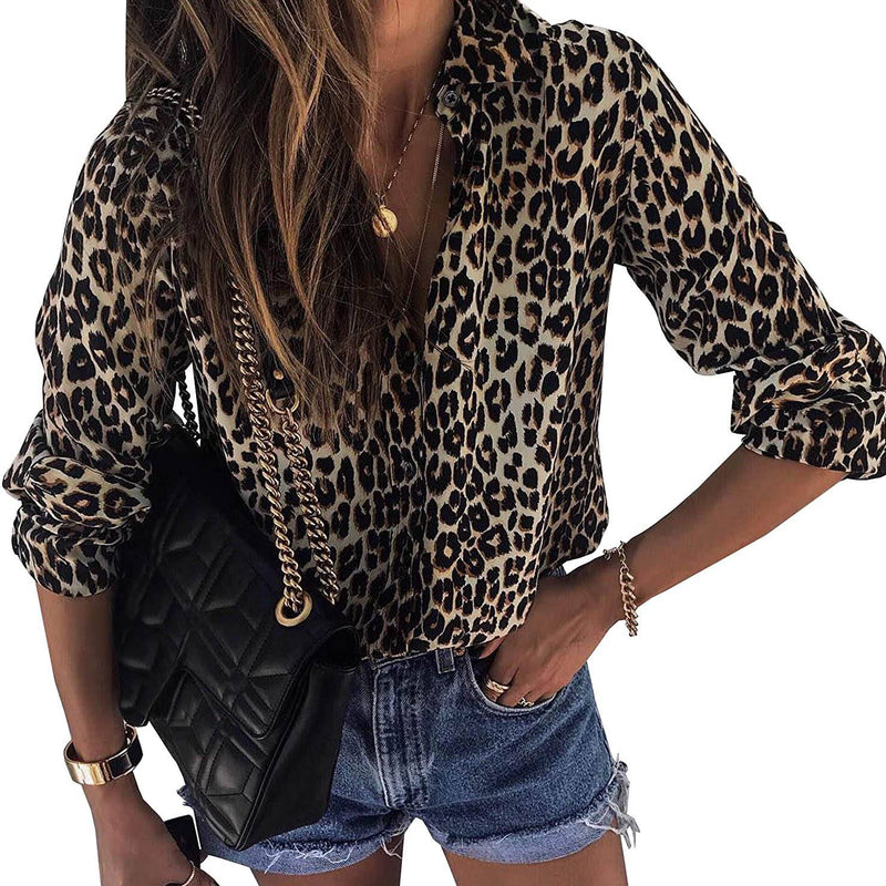 Womens Casual Tops V Neck Leopard Tunic Long Sleeve Button Down Shirts Top