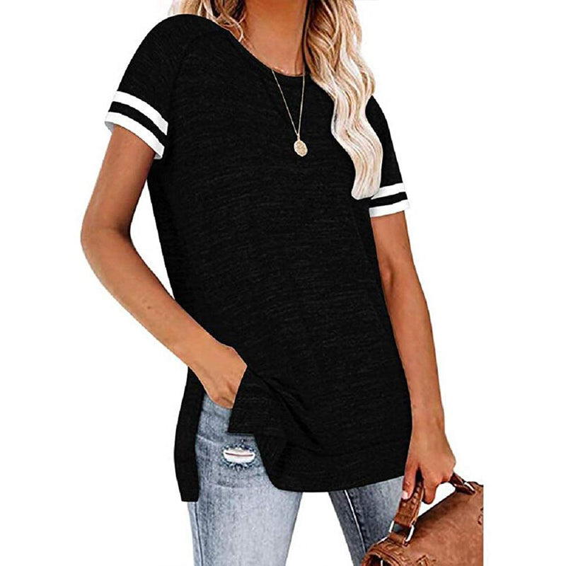 Womens Casual Tunic Tops Short Sleeve Crewneck Side Split Color Block T-Shirt Women's Clothing Black S - DailySale