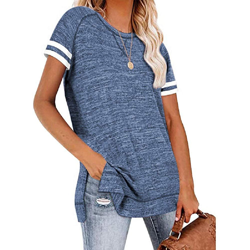 Womens Casual Tunic Tops Short Sleeve Crewneck Side Split Color Block T-Shirt Women's Clothing Blue S - DailySale