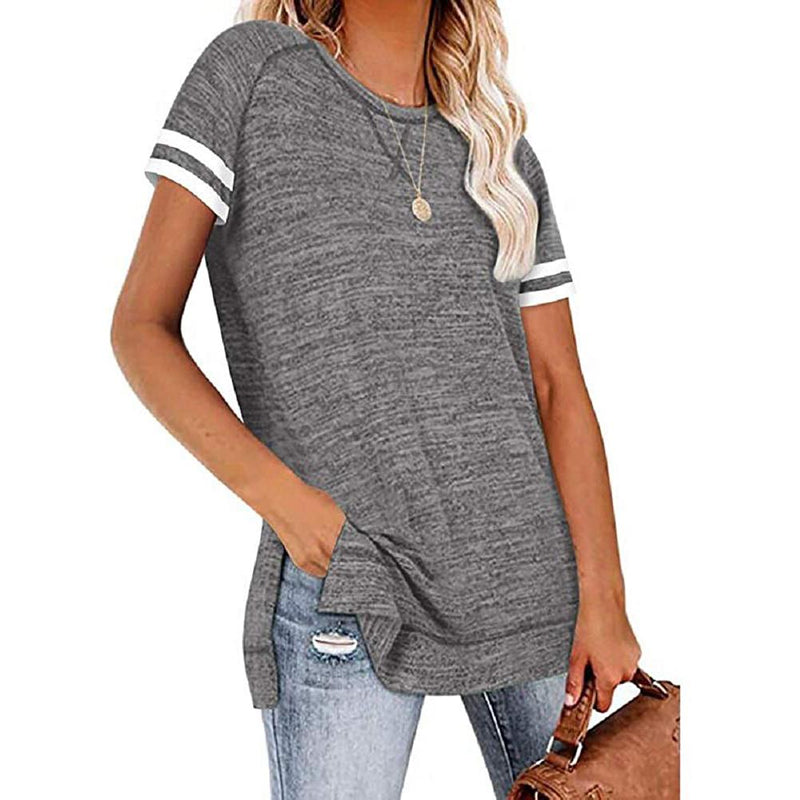 Womens Casual Tunic Tops Short Sleeve Crewneck Side Split Color Block T-Shirt Women's Clothing Gray S - DailySale