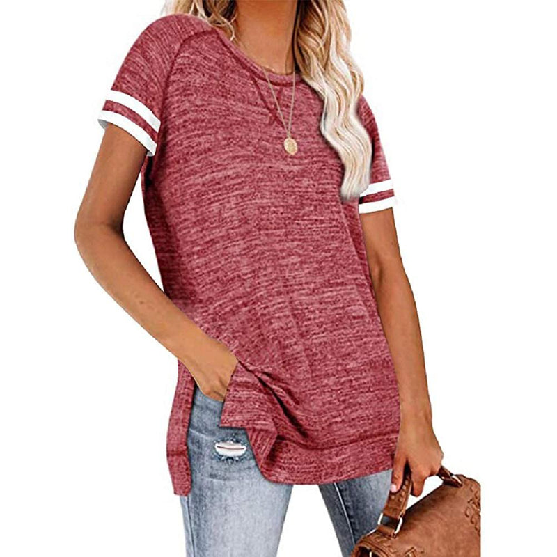 Womens Casual Tunic Tops Short Sleeve Crewneck Side Split Color Block T-Shirt Women's Clothing Wine Red S - DailySale