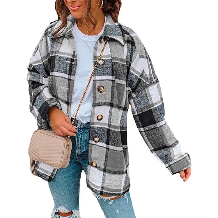 Women's Casual Woolen Long Sleeve Button Down Plaid Jacket Women's Outerwear Gray S - DailySale