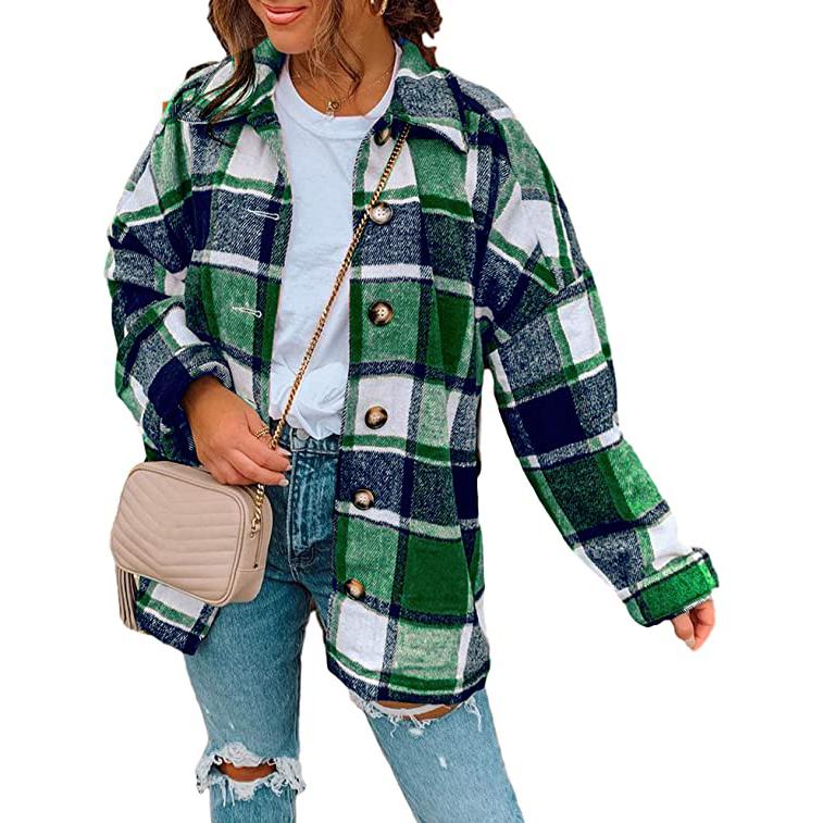 Women's Casual Woolen Long Sleeve Button Down Plaid Jacket Women's Outerwear Green S - DailySale