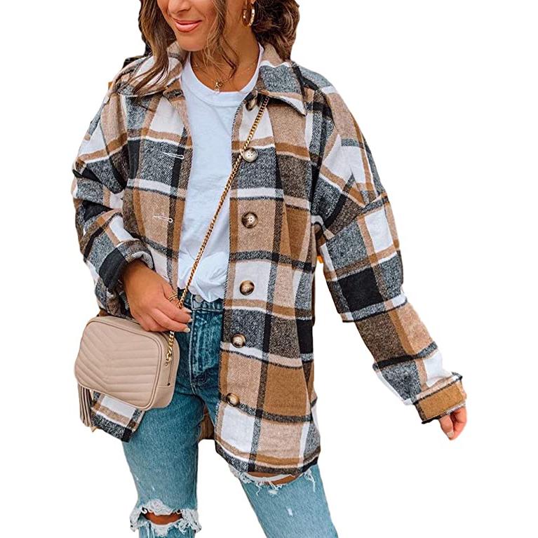 Women's Casual Woolen Long Sleeve Button Down Plaid Jacket Women's Outerwear Khaki S - DailySale