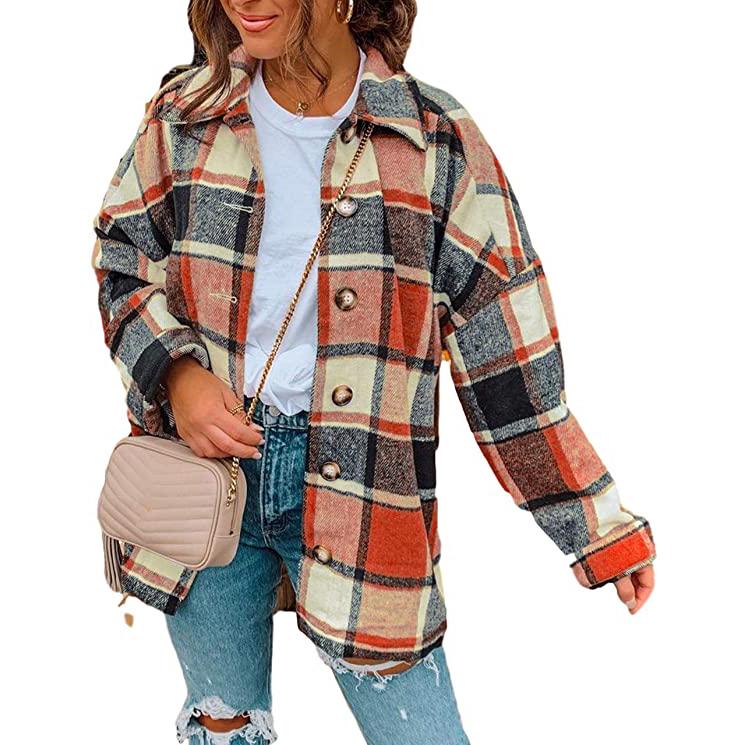 Women's Casual Woolen Long Sleeve Button Down Plaid Jacket Women's Outerwear Orange S - DailySale