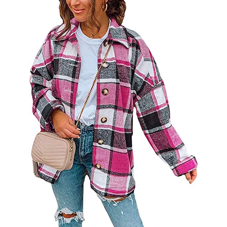 Women's Casual Woolen Long Sleeve Button Down Plaid Jacket Women's Outerwear Rose S - DailySale