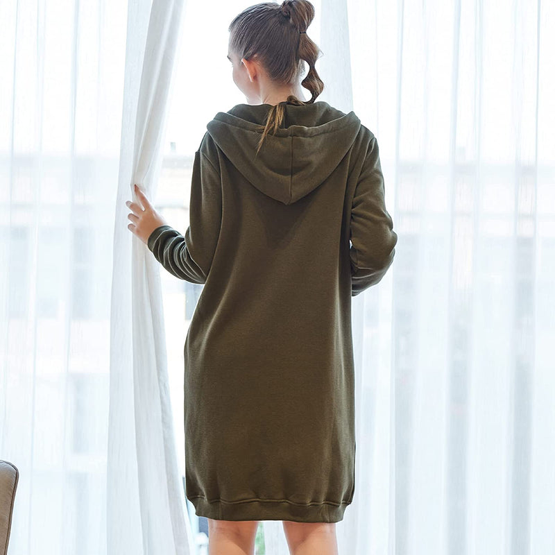 Woman turned around showing her back, wearing a green Casual Zip up Hoodie Long Tunic Sweatshirt Jacket with Pockets