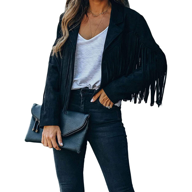 Women's Chic Cropped Tassel Jacket Women's Outerwear Black S - DailySale