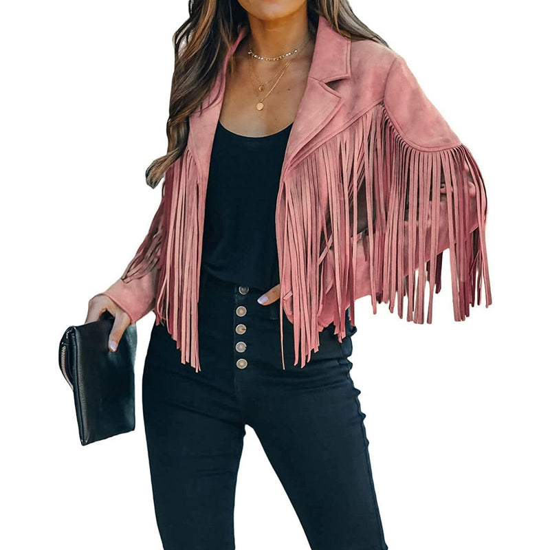 Women's Chic Cropped Tassel Jacket Women's Outerwear Pink S - DailySale