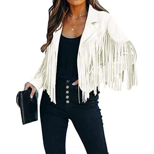 Women's Chic Cropped Tassel Jacket Women's Outerwear White S - DailySale