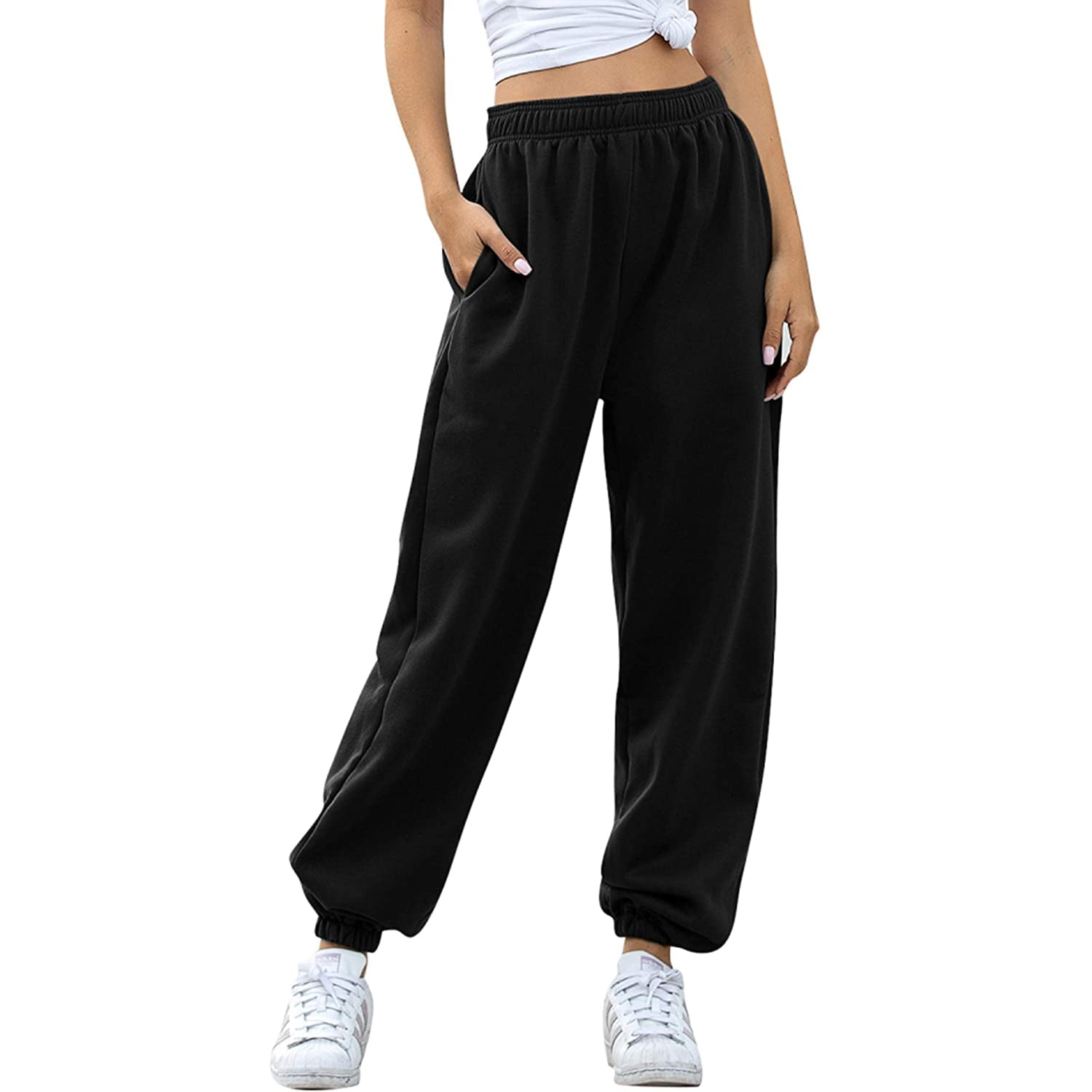 Women's Cinch Bottom Sweatpants Pockets High Waist Sporty Women's Bottoms Black S - DailySale