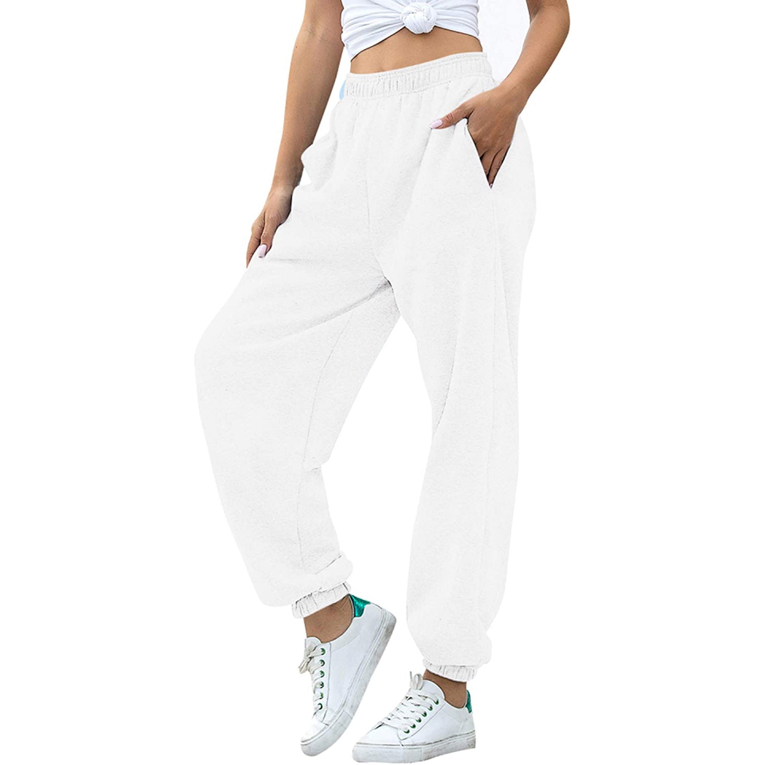 Women's Cinch Bottom Sweatpants Pockets High Waist Sporty Women's Bottoms White S - DailySale