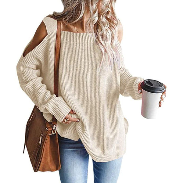 Women's Cold Shoulder Batwing Chunky Knitted Tunic Tops Women's Tops Beige S - DailySale
