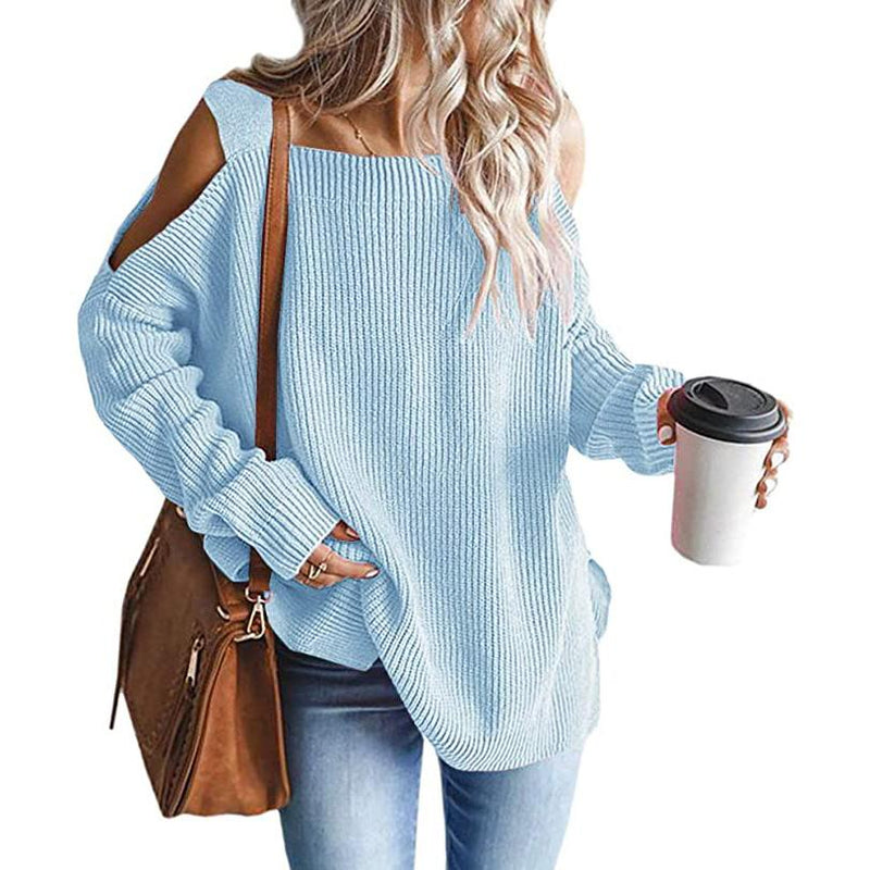 Women's Cold Shoulder Batwing Chunky Knitted Tunic Tops Women's Tops Blue S - DailySale