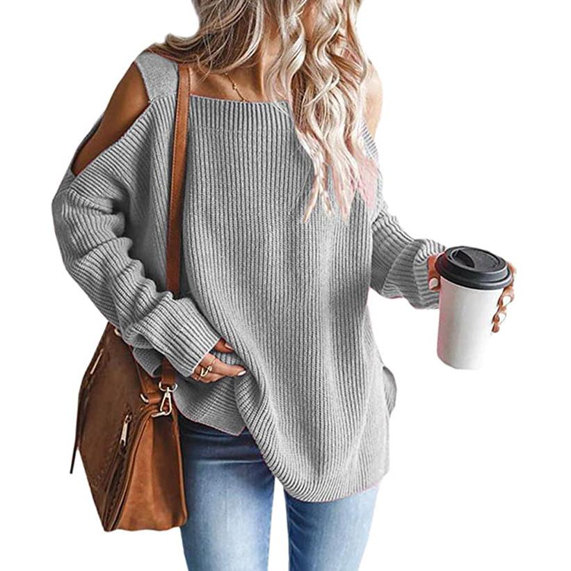 Women's Cold Shoulder Batwing Chunky Knitted Tunic Tops Women's Tops Gray S - DailySale