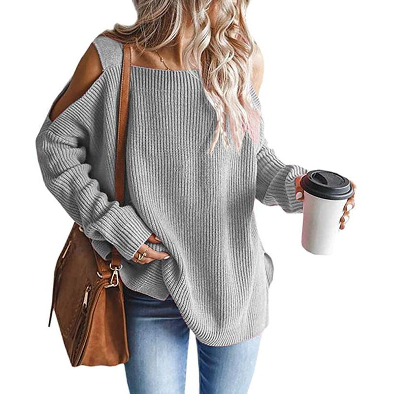Women's Cold Shoulder Batwing Chunky Knitted Tunic Tops Women's Tops Gray S - DailySale