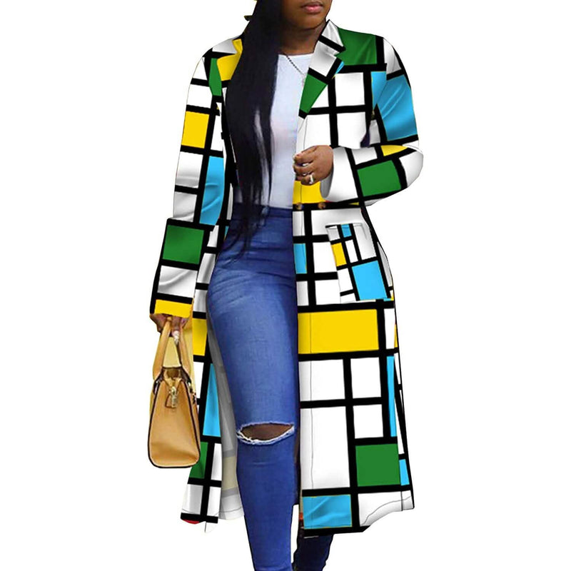Women's Colored Geo Turn Down Collar Trench Coat Women's Outerwear Blue S - DailySale