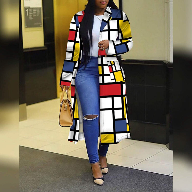 Women's Colored Geo Turn Down Collar Trench Coat Women's Outerwear - DailySale