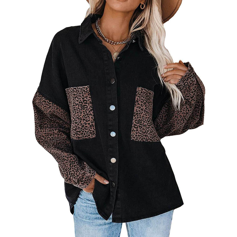 Womens Contrast Leopard Denim Jacket Long Sleeve Button Down Shirts