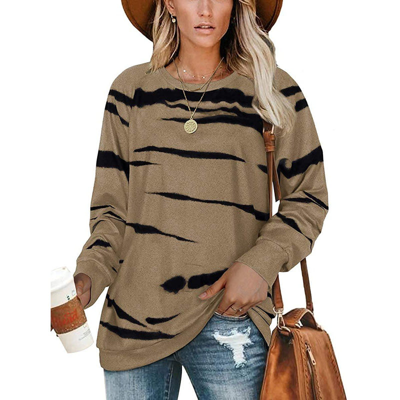 Womens Crewneck Long Sleeve Sweatshirts Striped Casual Tops Printed Loose Pullover Shirts