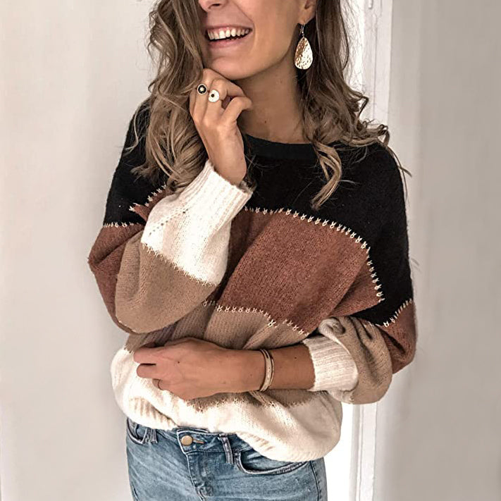 Women's Crewneck Patchwork Pullover Knit Sweater Top Women's Tops Black S - DailySale