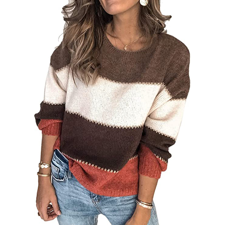 Women's Crewneck Patchwork Pullover Knit Sweater Top Women's Tops Khaki S - DailySale