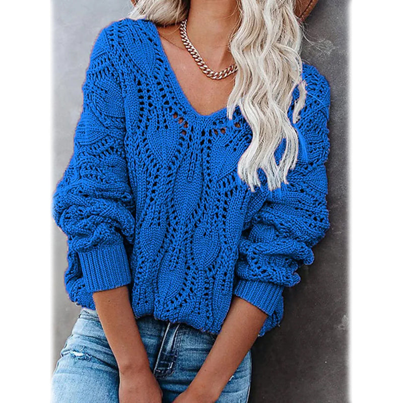 Women's Crochet Hollow Out Knitted V Neck Sweater Women's Tops Blue S - DailySale