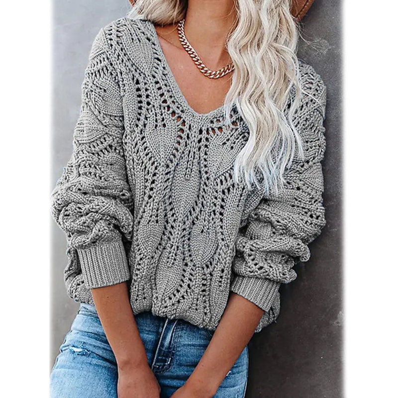 Women's Crochet Hollow Out Knitted V Neck Sweater Women's Tops Gray S - DailySale