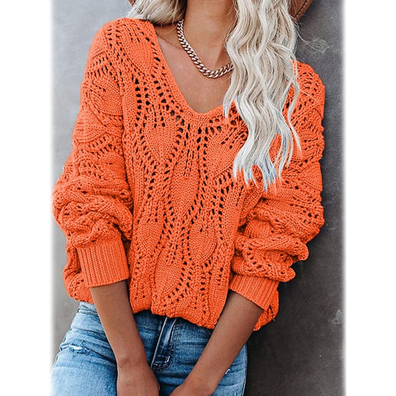Women's Crochet Hollow Out Knitted V Neck Sweater Women's Tops Orange S - DailySale