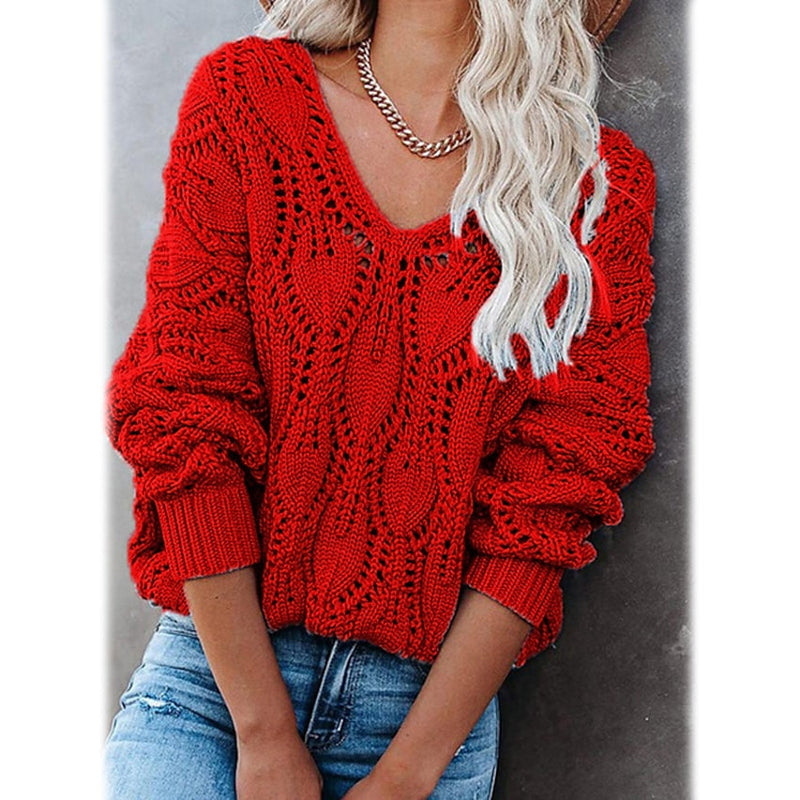 Women's Crochet Hollow Out Knitted V Neck Sweater Women's Tops Red S - DailySale
