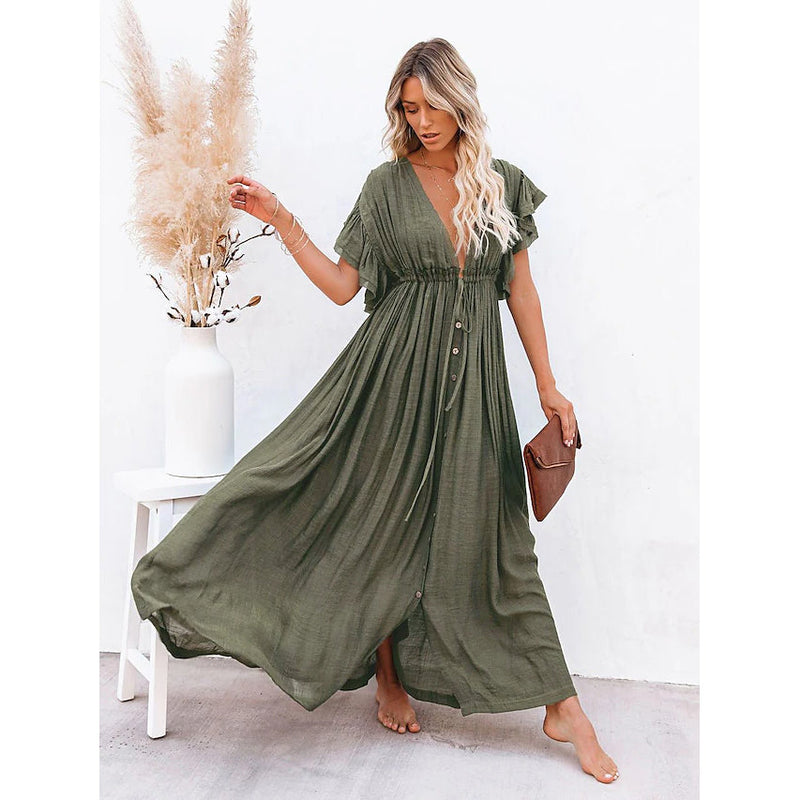 Women's Deep V Vacation Sexy Loose Dress Women's Dresses Army Green - DailySale