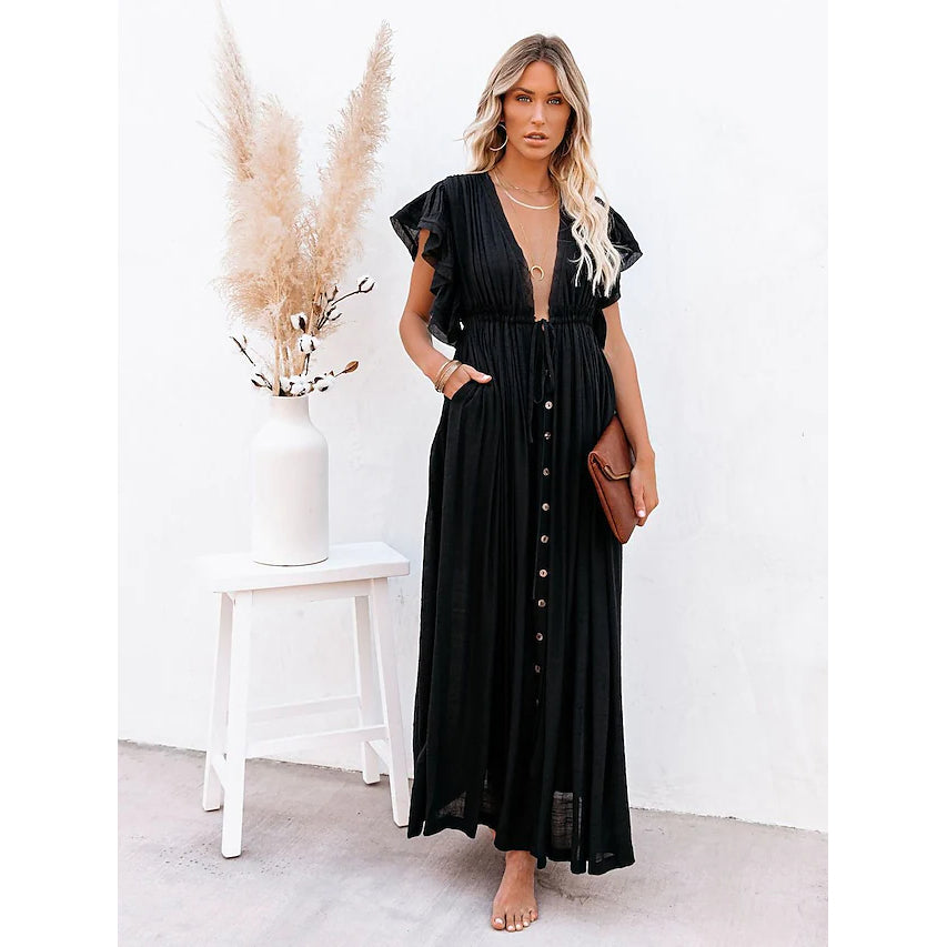 Women's Deep V Vacation Sexy Loose Dress Women's Dresses Black - DailySale