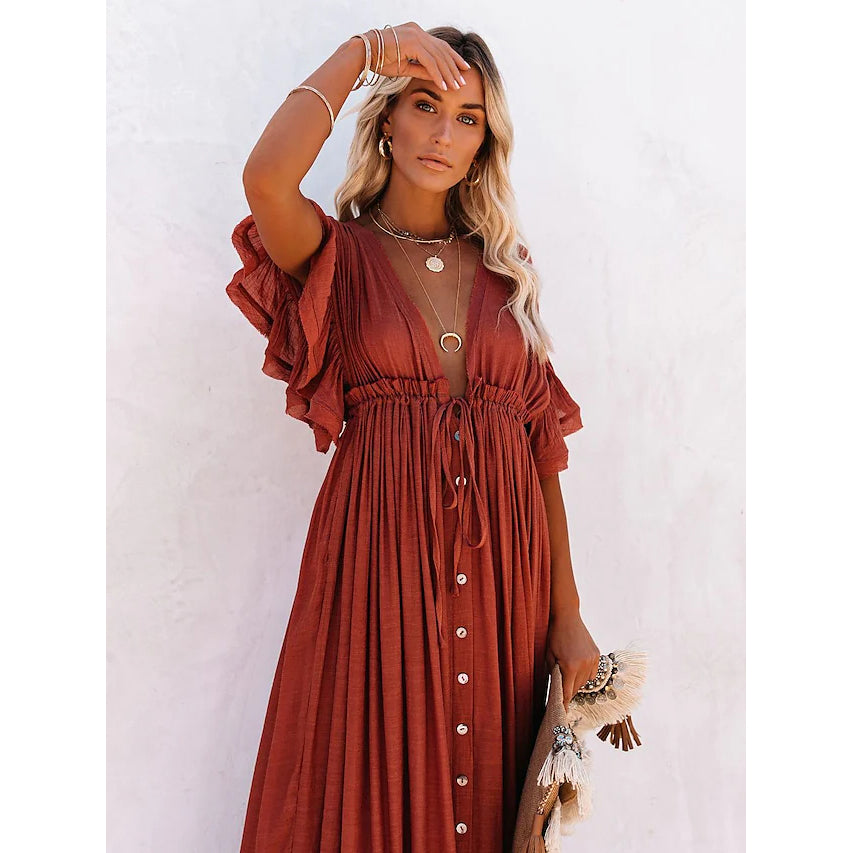 Women's Deep V Vacation Sexy Loose Dress Women's Dresses Rust - DailySale