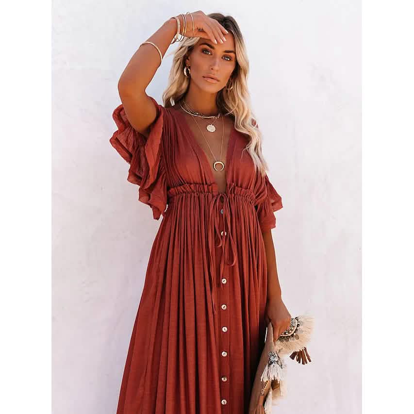 Women's Deep V Vacation Sexy Loose Dress Rust Women's Deep V Vacation Sexy Loose Dress Rust