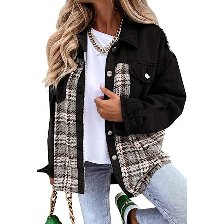 Women's Denim Jacket Long Sleeve Plaid Button Down Shirts Shacket Women's Outerwear Black M - DailySale