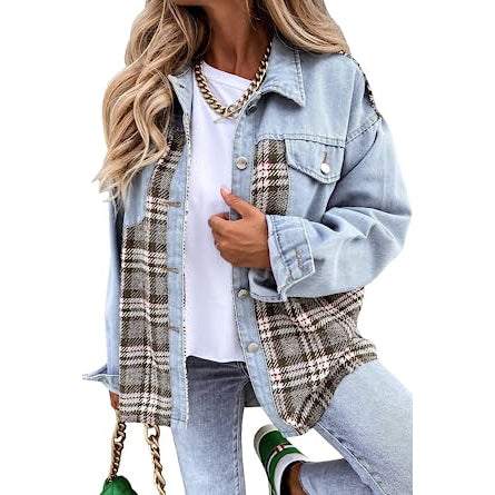 Women's Denim Jacket Long Sleeve Plaid Button Down Shirts Shacket Women's Outerwear Black S - DailySale