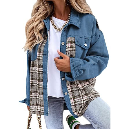 Women's Denim Jacket Long Sleeve Plaid Button Down Shirts Shacket Women's Outerwear Blue S - DailySale