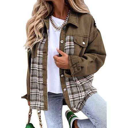 Women's Denim Jacket Long Sleeve Plaid Button Down Shirts Shacket Women's Outerwear Brown S - DailySale