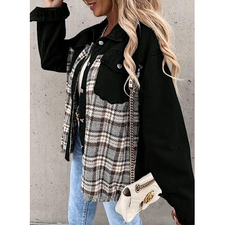 Women's Denim Jacket Long Sleeve Plaid Button Down Shirts Shacket Women's Outerwear - DailySale