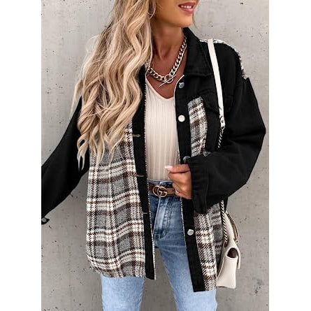 Women's Denim Jacket Long Sleeve Plaid Button Down Shirts Shacket Women's Outerwear - DailySale