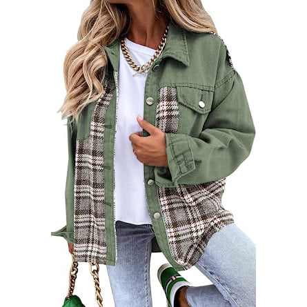 Women's Denim Jacket Long Sleeve Plaid Button Down Shirts Shacket Women's Outerwear Green S - DailySale