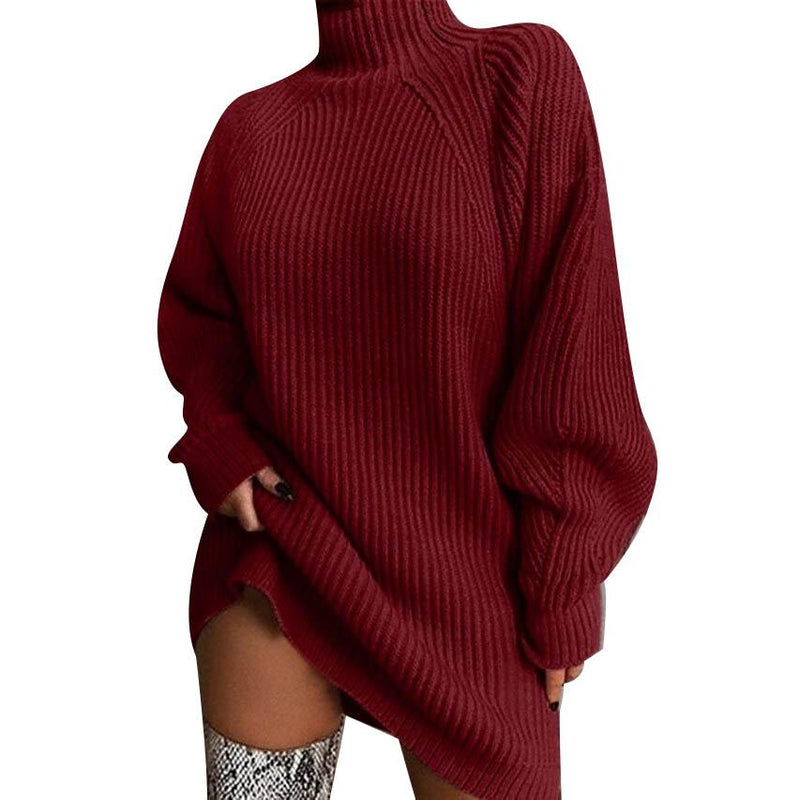 Women's Dress Sweater Dress Knitted Long Sleeve Loose Sweater Cardigans Turtleneck Women's Dresses Wine Red S - DailySale