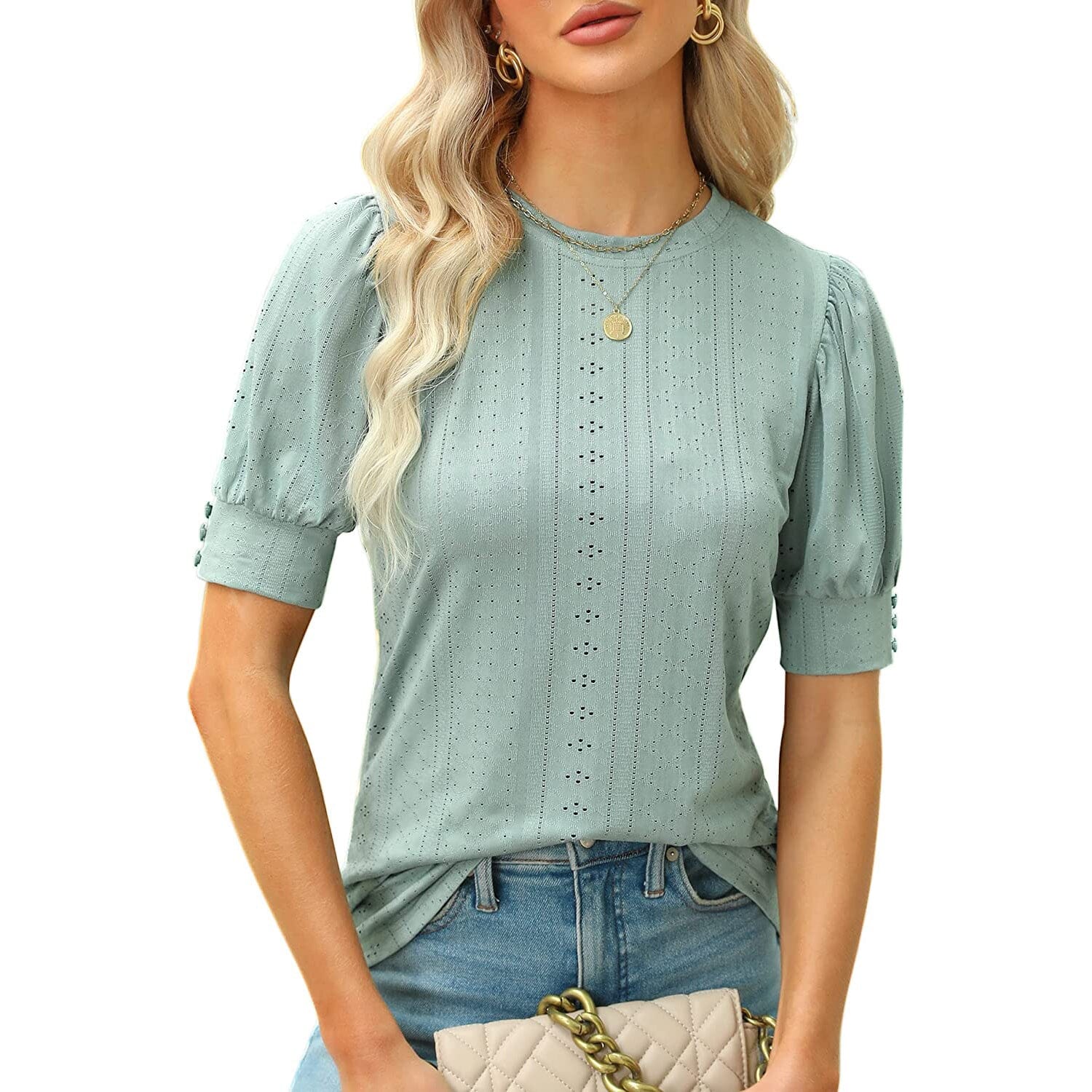 Women's Dressy Casual Puff Sleeve Tops Women's Tops Green S - DailySale