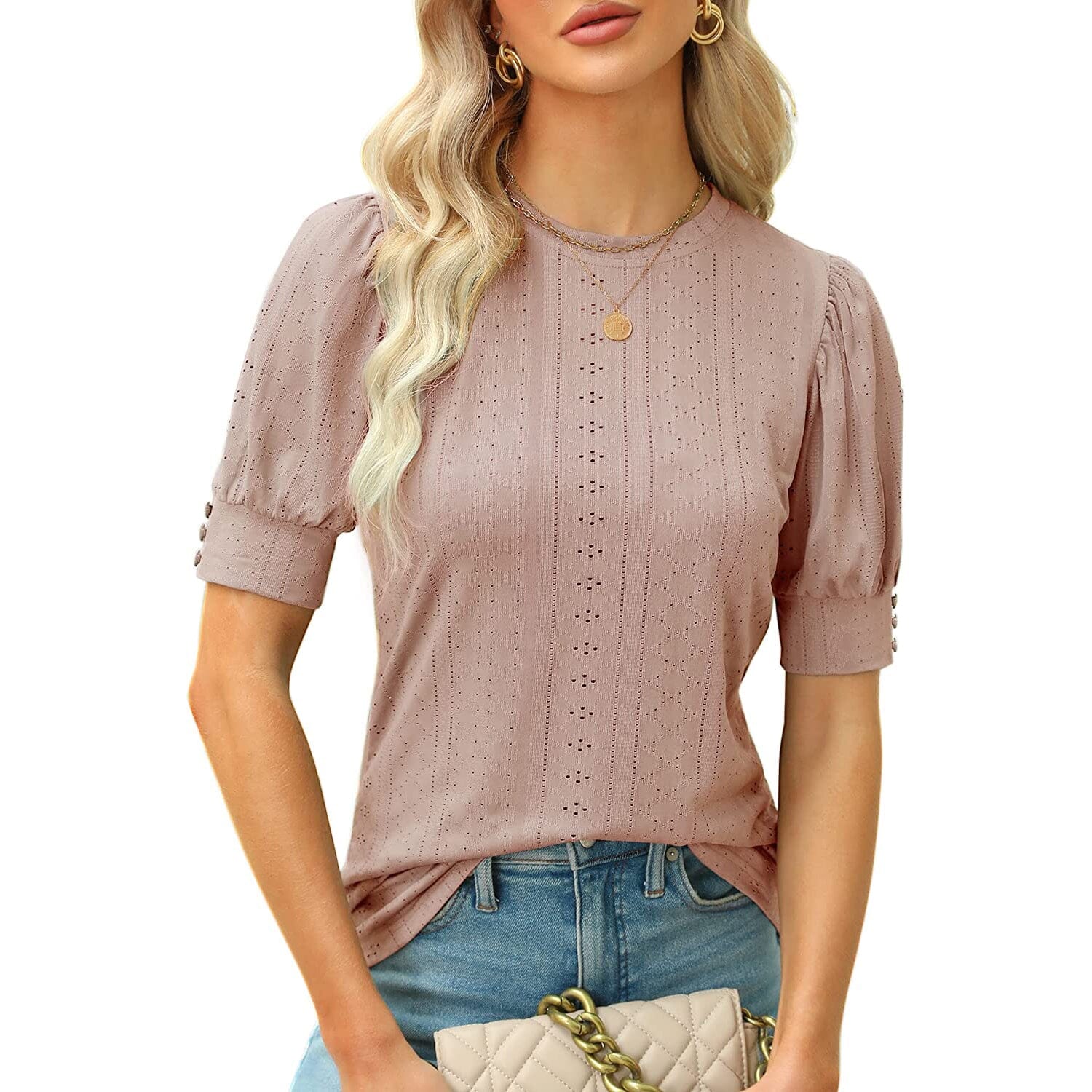 Women's Dressy Casual Puff Sleeve Tops Women's Tops Pink S - DailySale