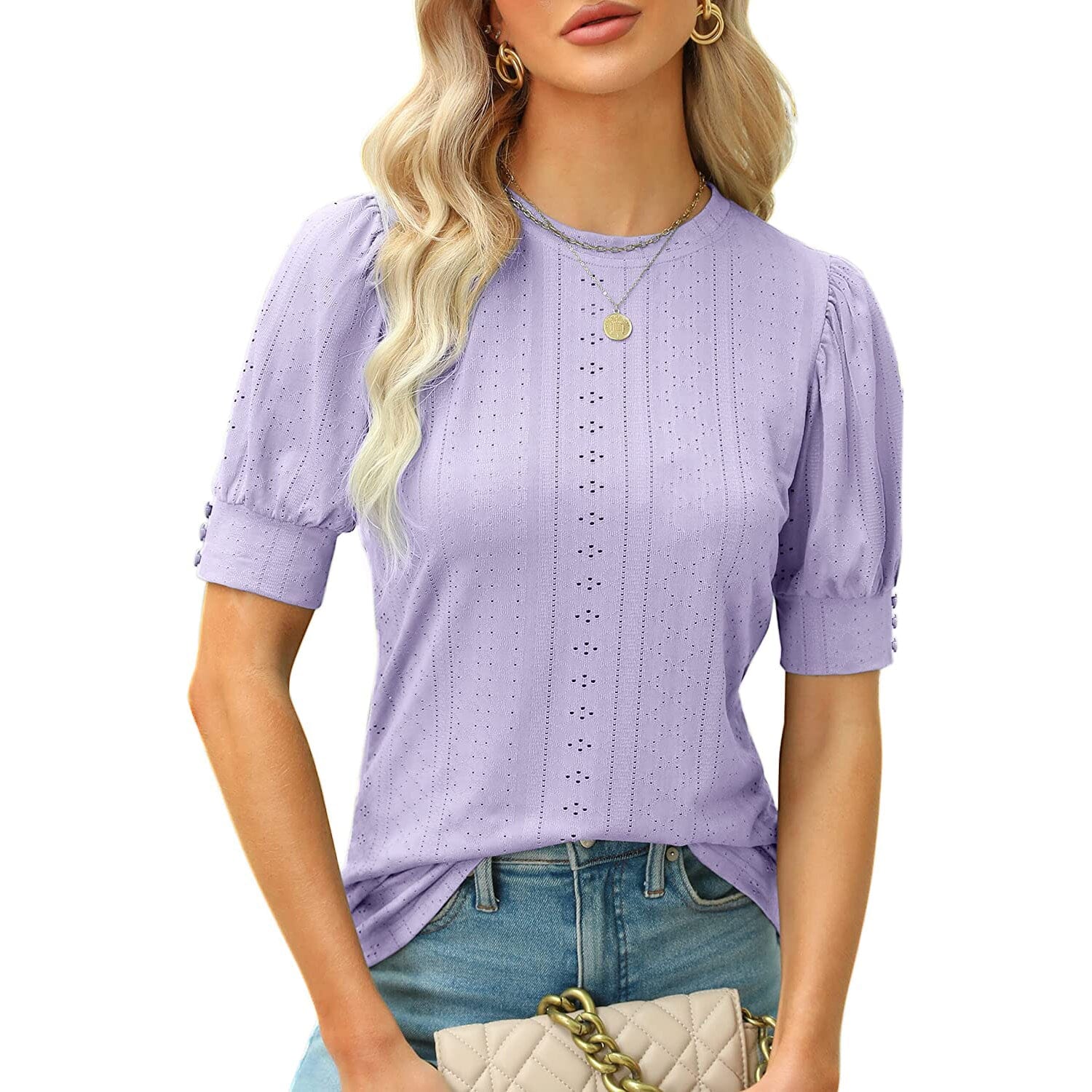 Women's Dressy Casual Puff Sleeve Tops Women's Tops Purple S - DailySale