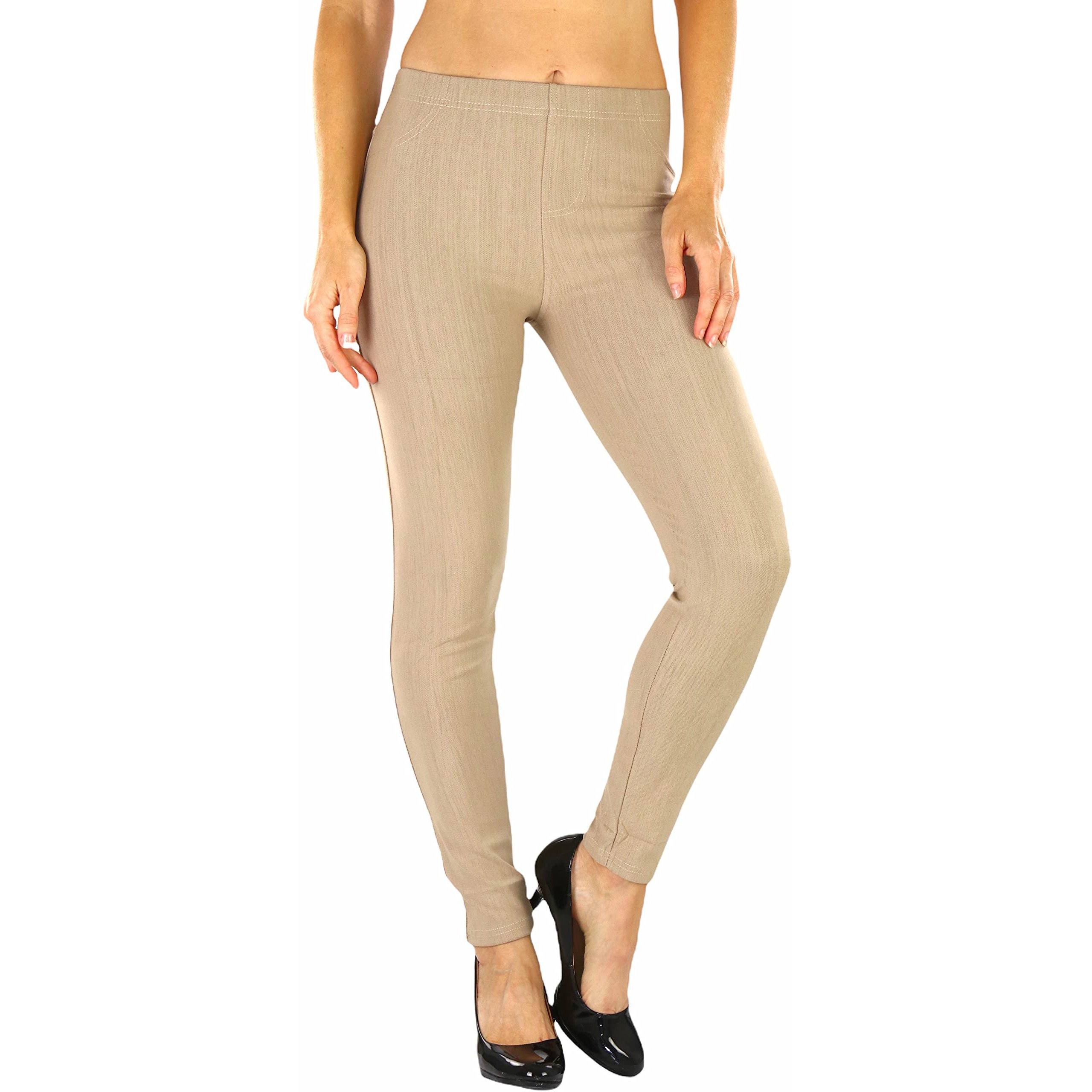 Woman with hands on her side shown below her hips wearing Easy Pull-On Denim Skinny Fit Comfort Stretch Jeggings in taupe