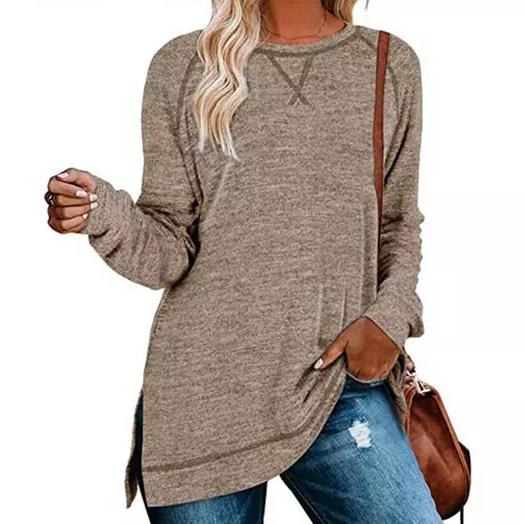 Women's Fall Long Sleeve Side Split Loose Casual Pullover Tunic Tops Women's Clothing Brown S - DailySale